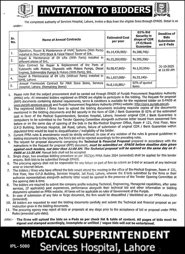 Services Hospital Lahore Tender Notice